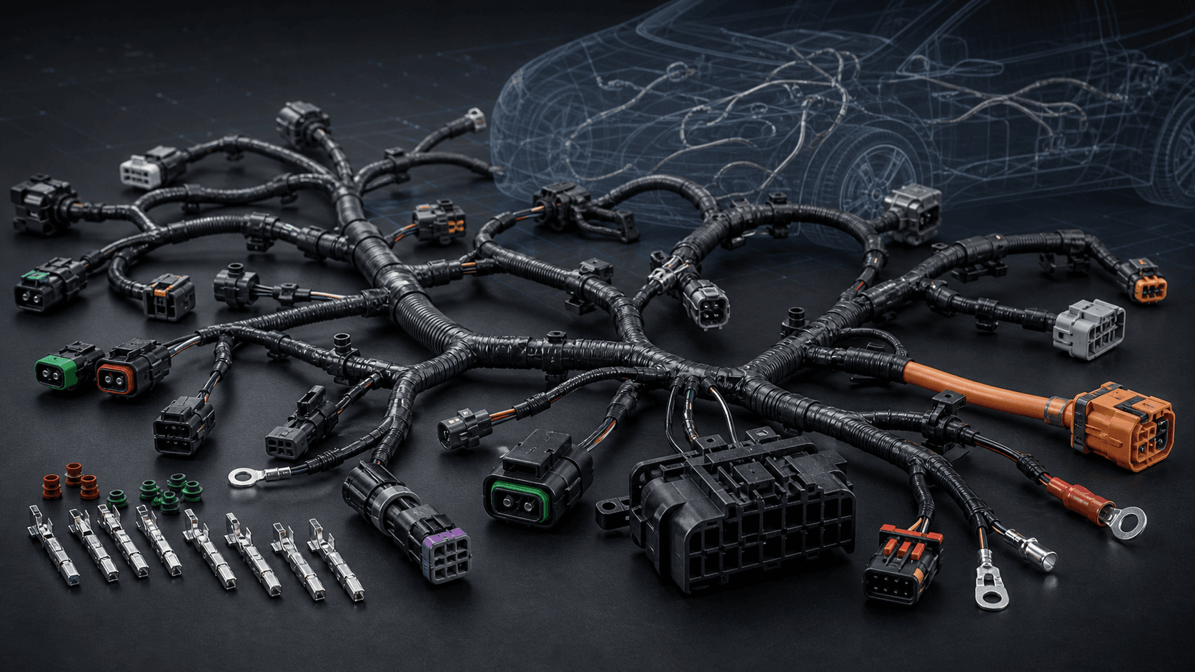 Automotive wiring harness system with connector families, sealed connectors, terminals and EV high voltage cable