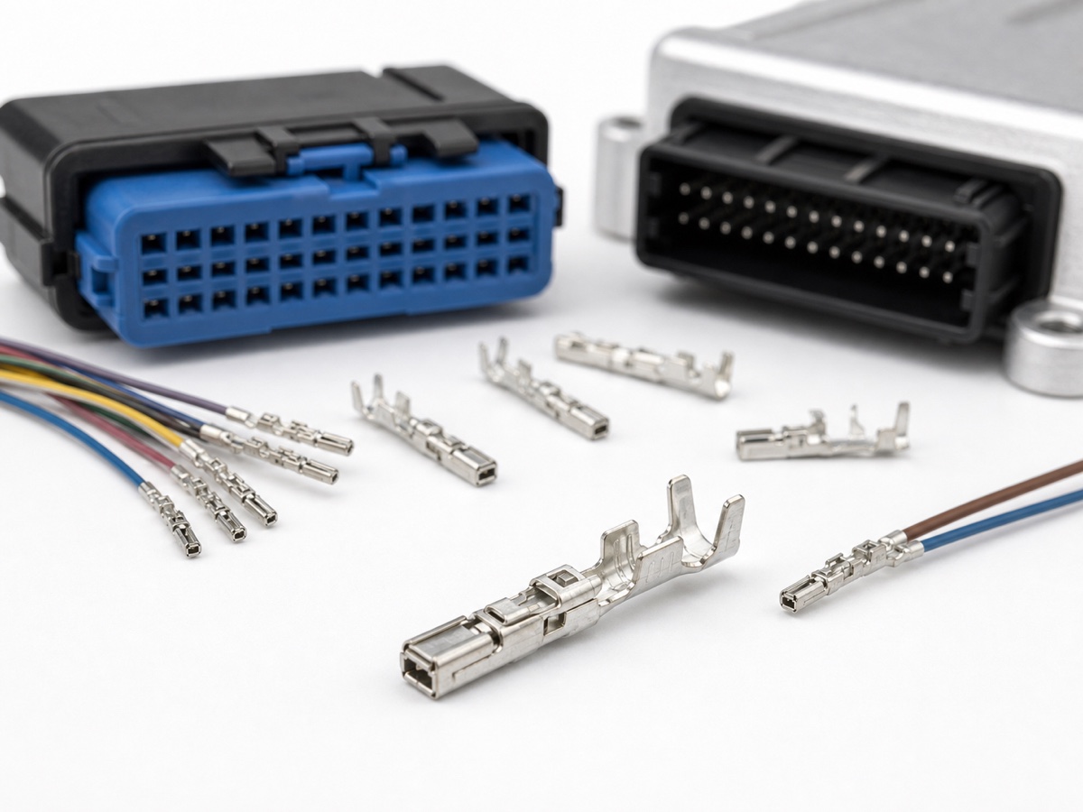 0.64mm automotive ECU terminal kit with tin plated female signal contacts, crimp wings, retention lance, fine signal wires and ECU connector housing