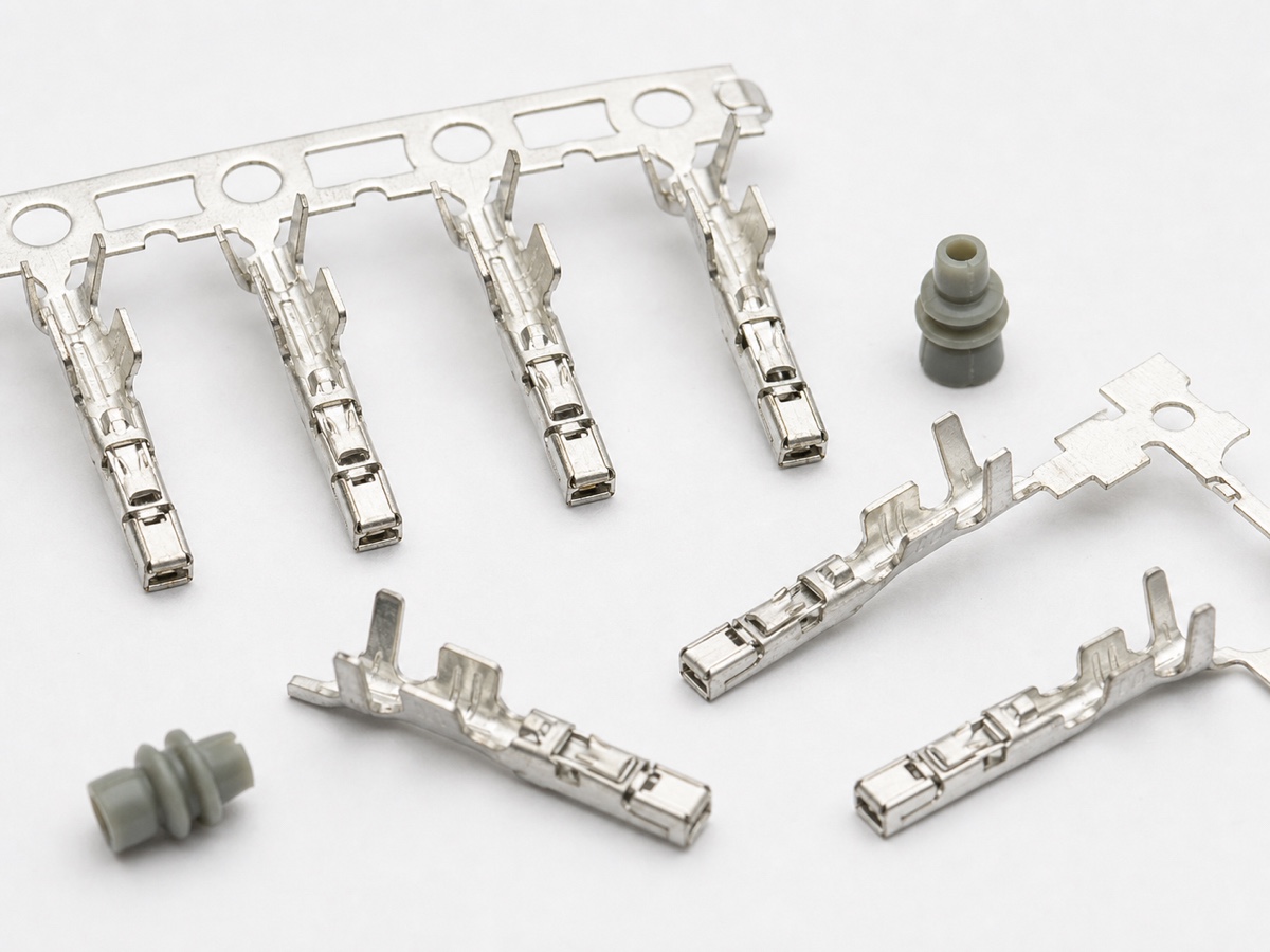 0.64mm automotive female crimp terminal set with tin plated micro receptacle contacts, carrier strip tails, tiny crimp wings and gray wire seals