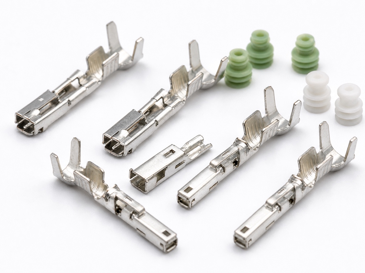 1.2mm automotive female crimp terminal set with tin plated receptacle contacts, open crimp wings, lock lances and green wire seals