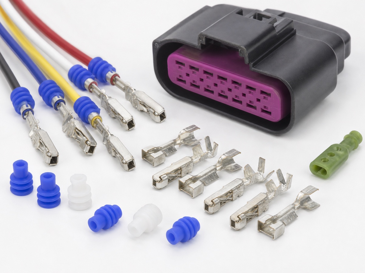 1.5mm sealed automotive terminal kit with tin plated crimp terminals, blue and white wire seals, green cavity plug and black sealed connector housing