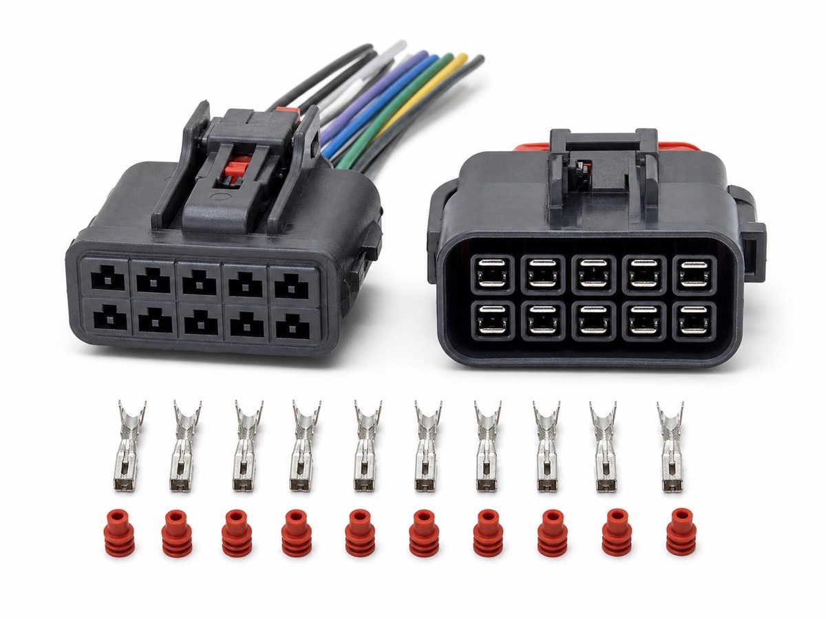 10 pin automotive wire harness connector kit with rectangular housings, pigtail wires, crimp terminals and red seals