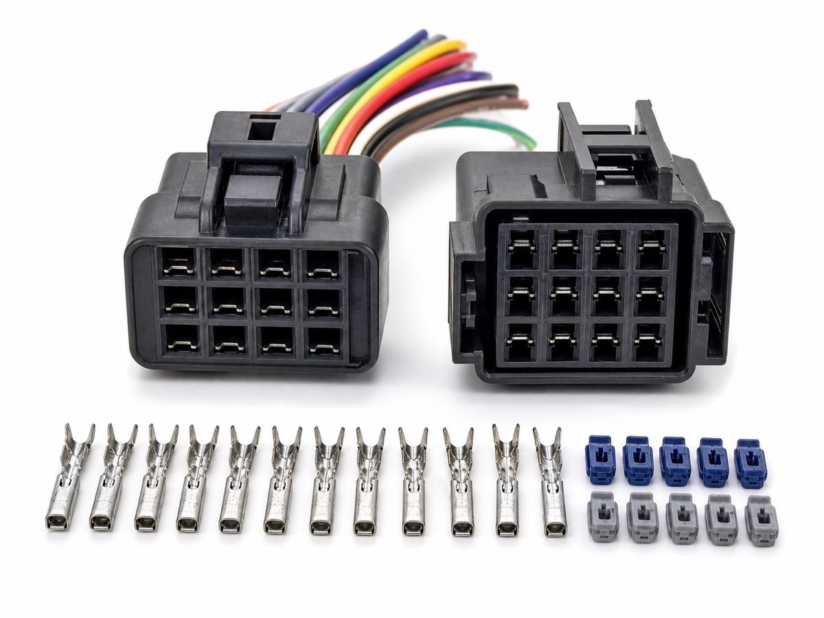 12 pin automotive door harness connector kit with rectangular housings, multicolor pigtail wires, crimp terminals and secondary locks