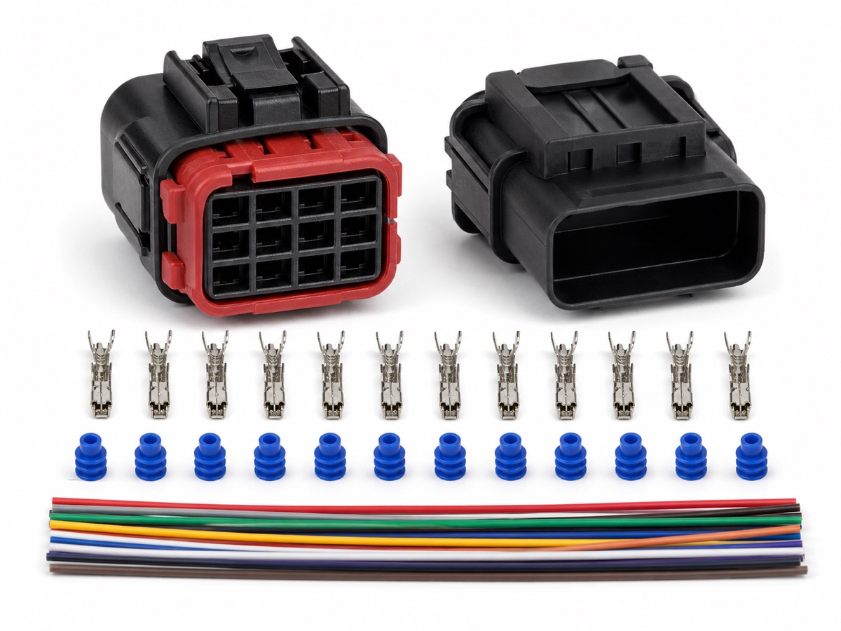 12 pin automotive sensor connector kit with 3x4 signal cavities, red front seal, terminals, blue wire seals and thin signal wires