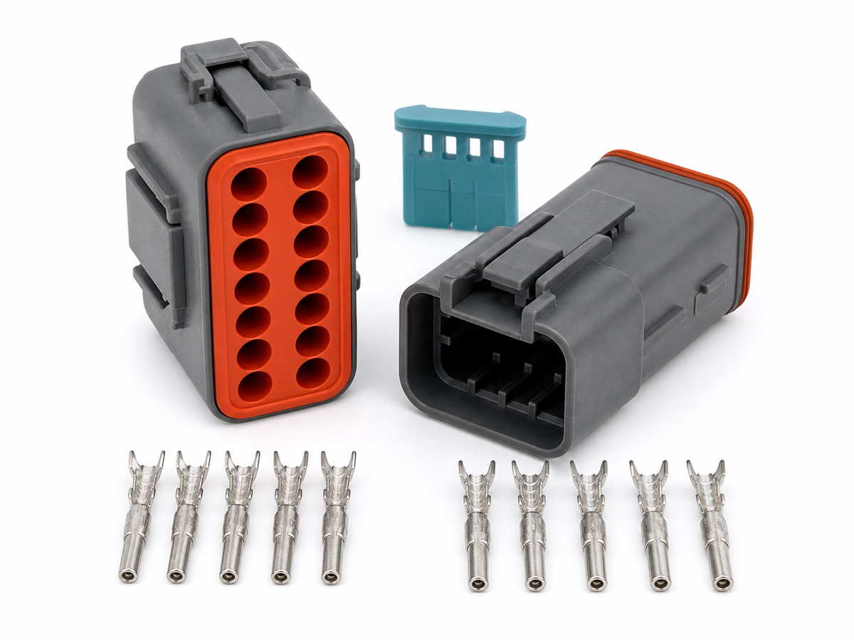 12 pin waterproof automotive connector kit with sealed housings, orange silicone seals and crimp terminals