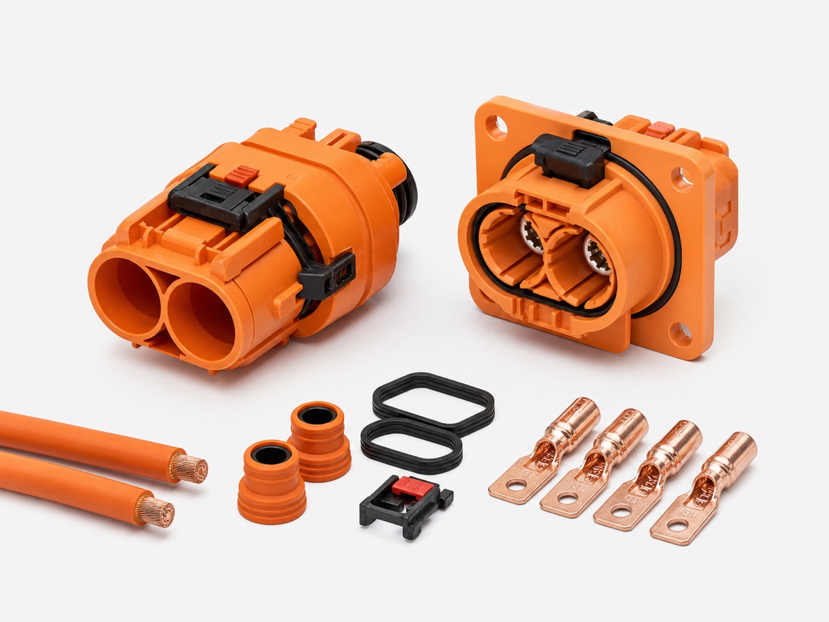 120A EV high voltage 2 pole power connector kit with orange HV cables, socket, copper terminals and seals
