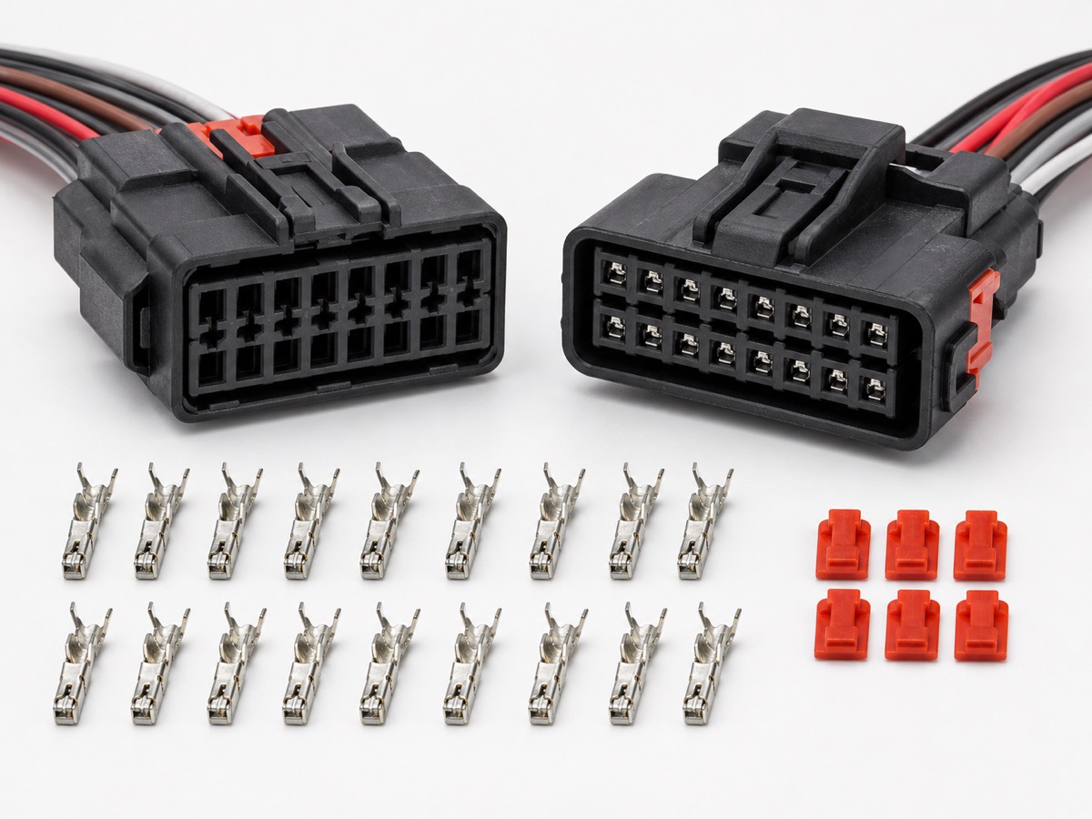 16 pin automotive body harness connector kit with rectangular housings, crimp terminals and red secondary locks