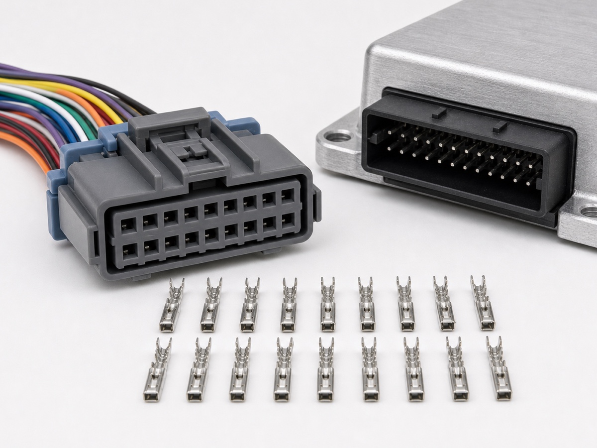 18 pin automotive body control connector kit with gray BCM connector housing, signal wires, tin plated crimp terminals and matching control module header