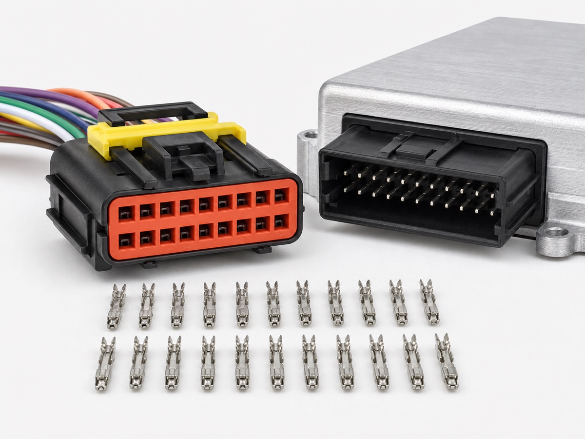 18 pin automotive ECU connector with black housing, orange-red two row cavity face, yellow CPA lock, signal wires, ECU header and crimp terminals