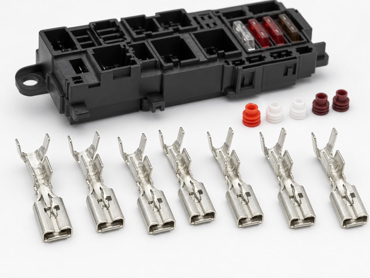 2.8mm automotive relay box terminal kit with tin plated female receptacle crimp terminals, locking tangs, relay box socket housing and wire seals