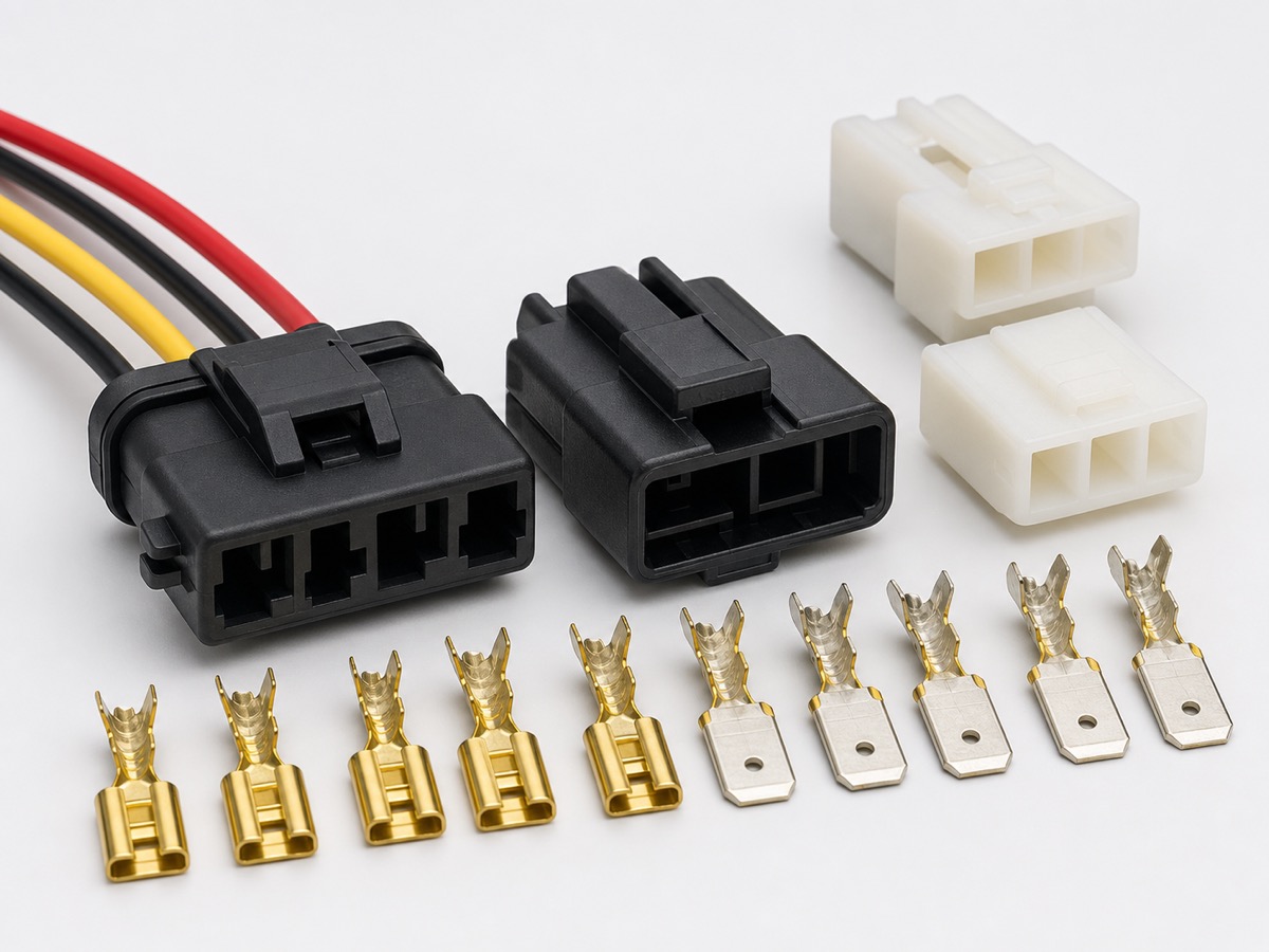 2.8mm automotive wire harness connector kit with plug housings, pigtail wires and wide crimp terminals