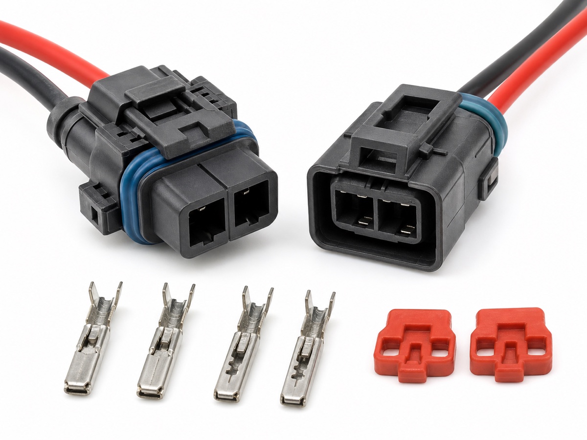 2.8mm sealed automotive power connector kit with waterproof housings, thick pigtail wires, crimp terminals and secondary locks