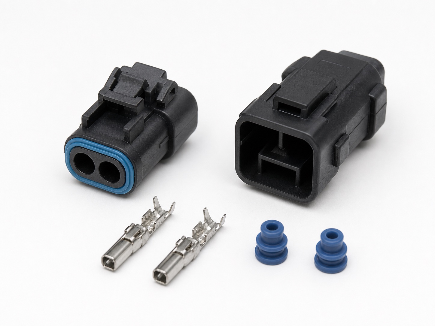 2 pin sealed automotive sensor connector kit with compact housings, crimp terminals and wire seals