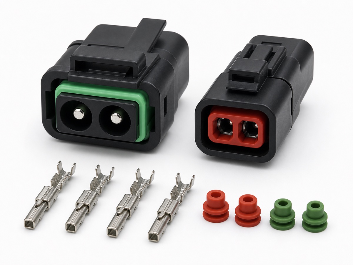 2 pin waterproof automotive connector kit with sealed housings, crimp terminals and wire seals