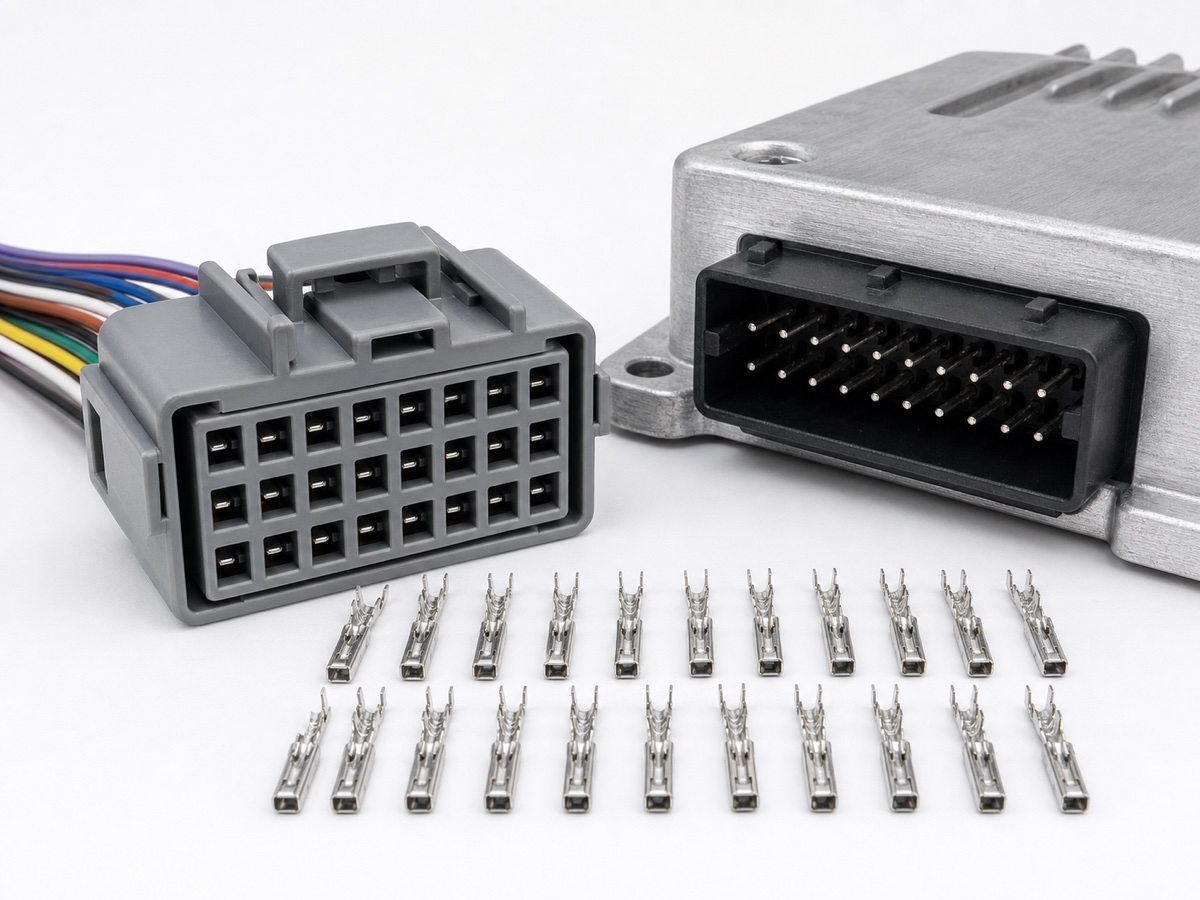 24 pin automotive control module connector with gray 3 by 8 cavity housing, ECU module PCB header, signal wires and crimp terminals