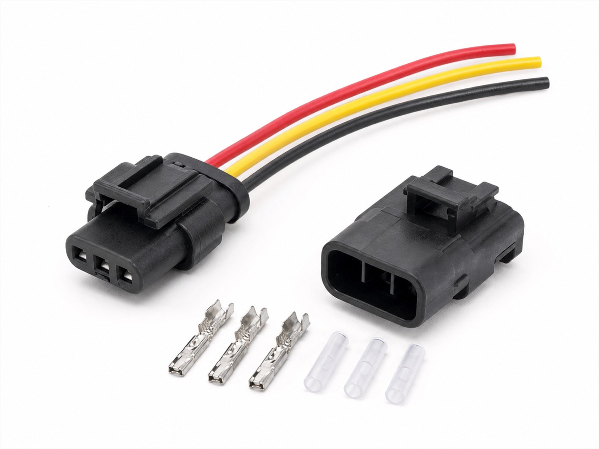3 pin automotive wire harness connector kit with pigtail leads, matching housing and crimp terminals