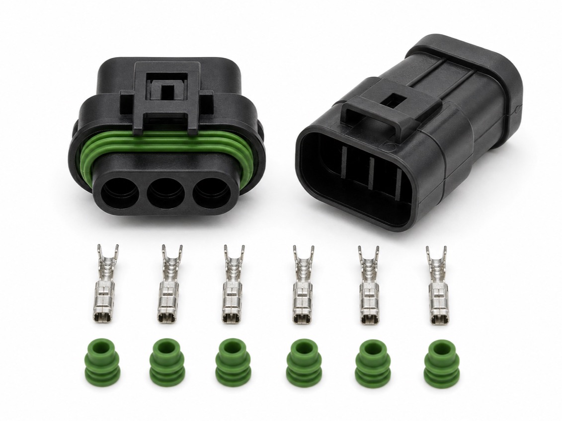3 pin IP67 automotive sensor connector kit with sealed housings, crimp terminals and wire seals
