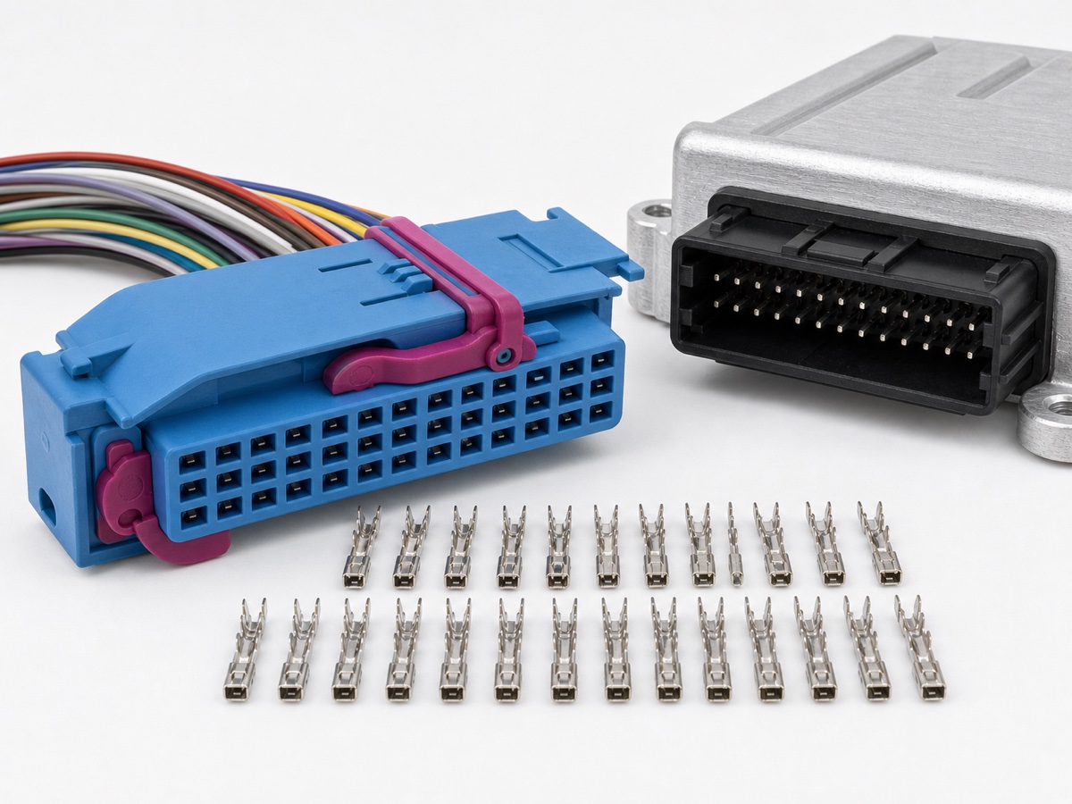 32 pin automotive ECU connector kit with blue high-density housing, purple secondary lock, signal wires, tin plated crimp terminals and matching ECU module header