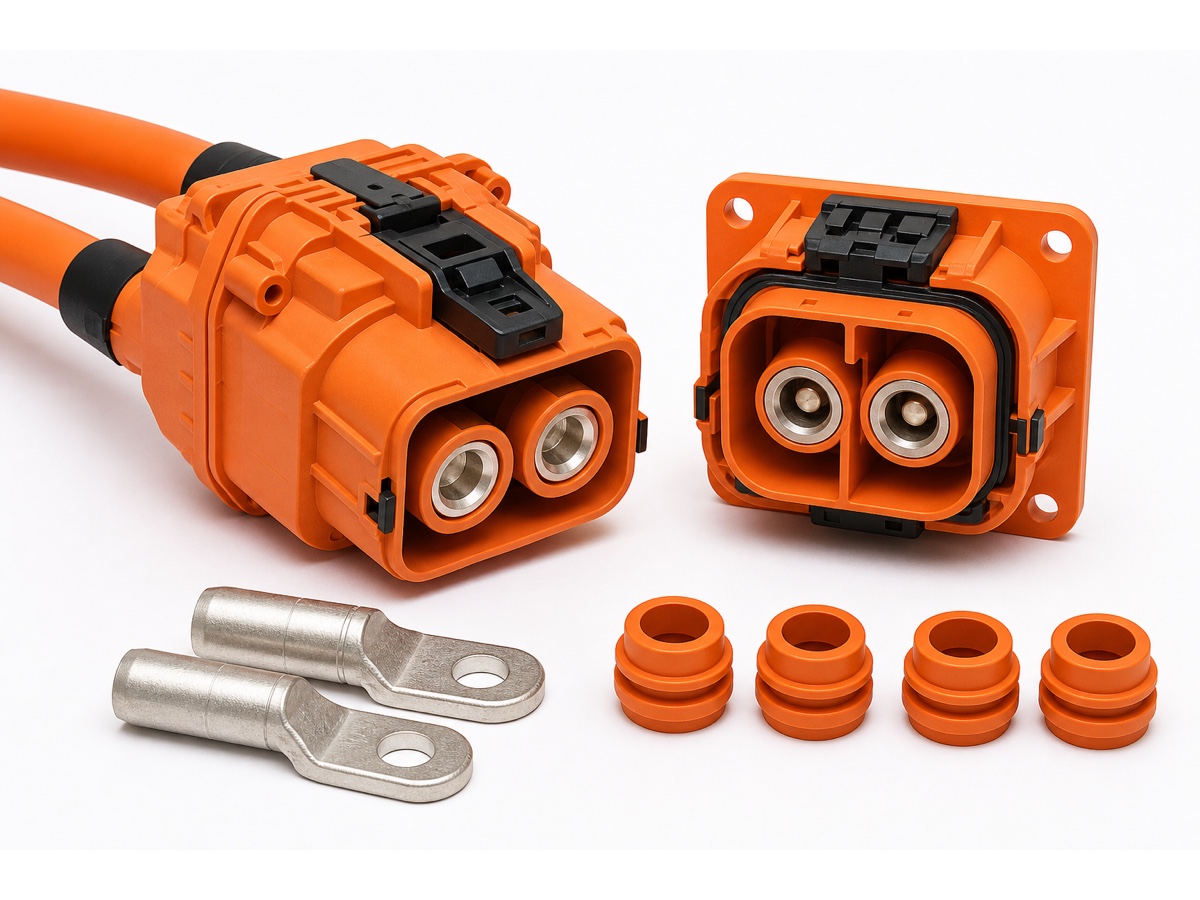 350A EV high voltage 2 pole power connector kit with orange HV cables, flange socket, high-current terminals and seals
