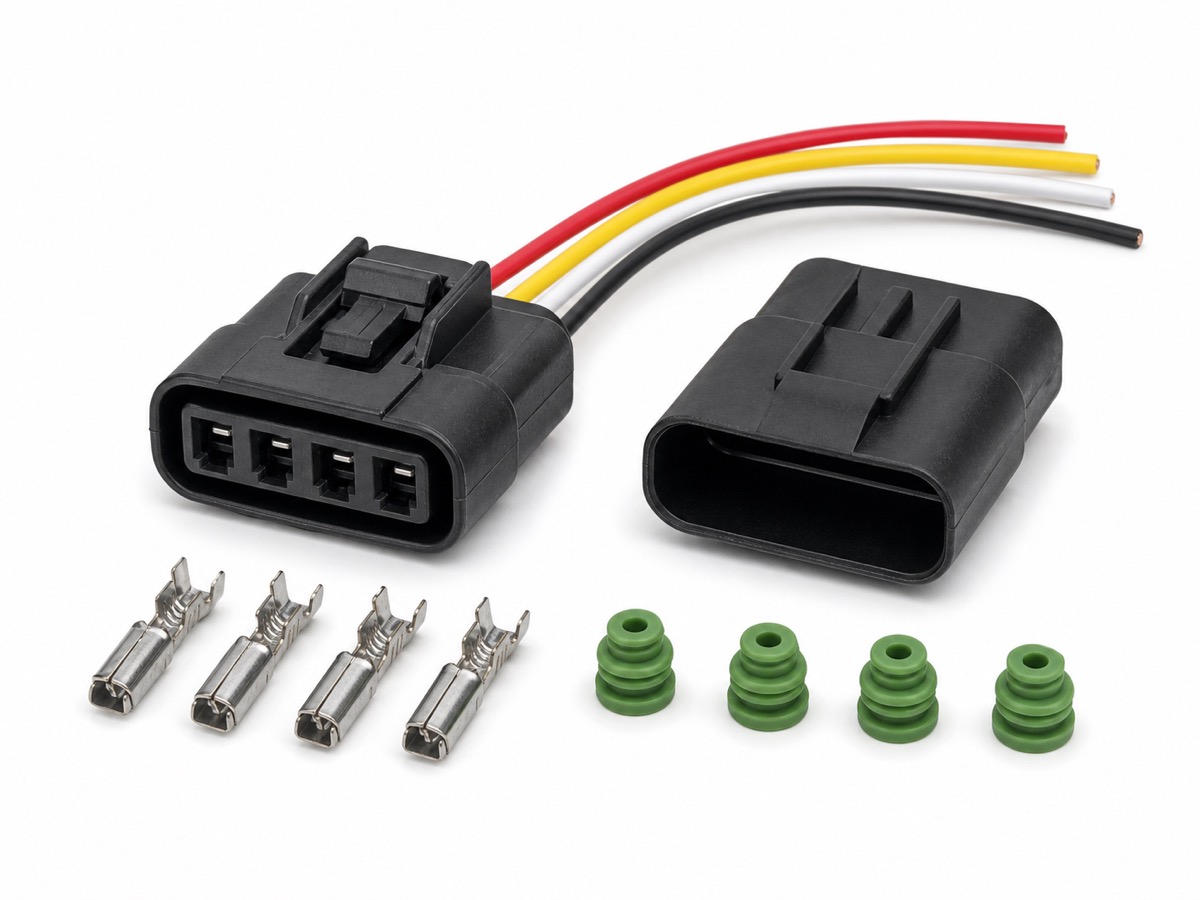 4 pin automotive lighting connector kit with pigtail leads, matching housing, crimp terminals and wire seals