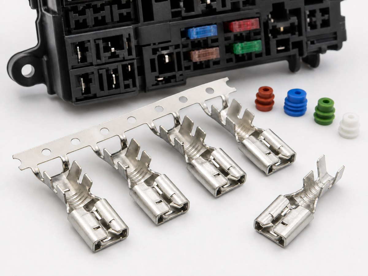 6.3mm automotive fuse box terminal kit with tin plated female blade receptacle terminals, linked fuse box contacts, locking lances, power distribution housing and wire seals