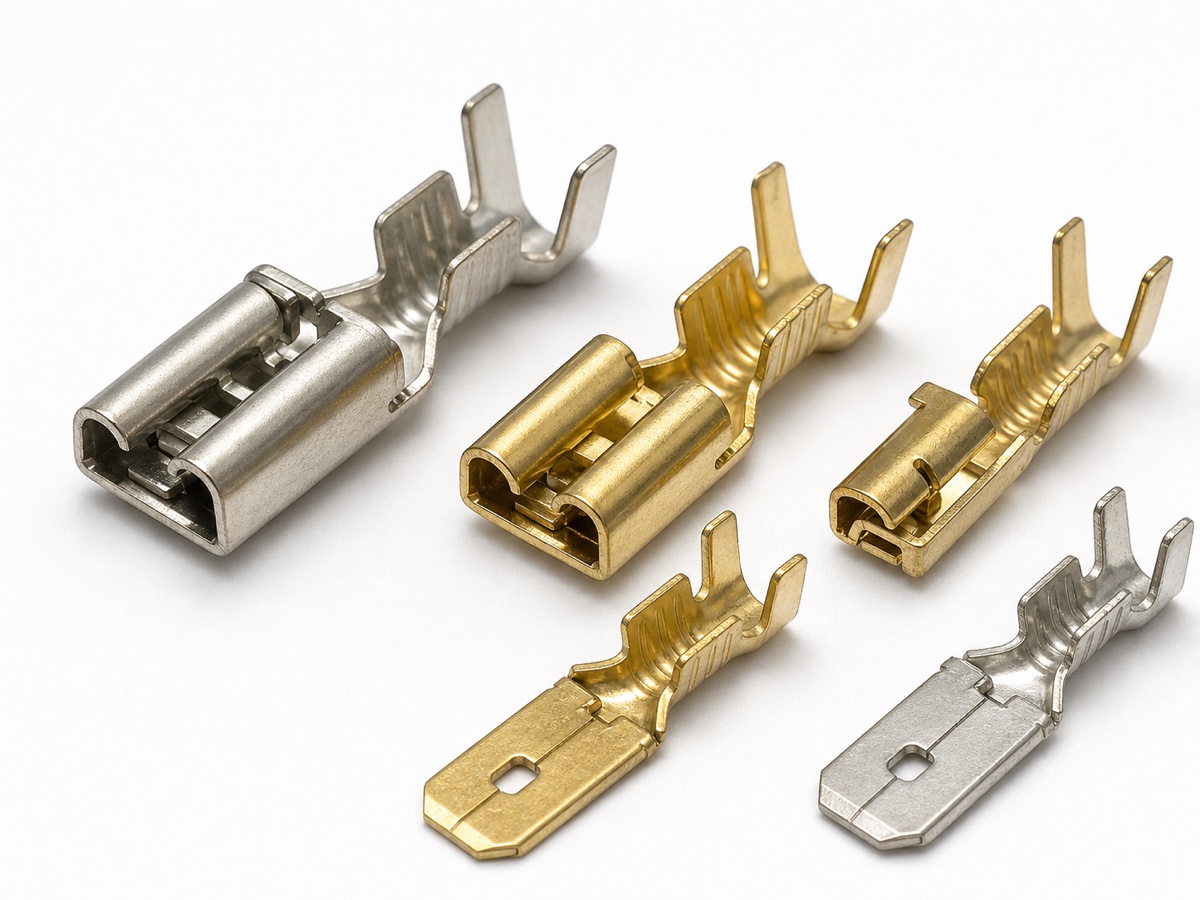 6.3mm automotive power terminal set with tin plated female receptacle crimp terminals, brass flat tab terminal, open crimp wings and lock lances