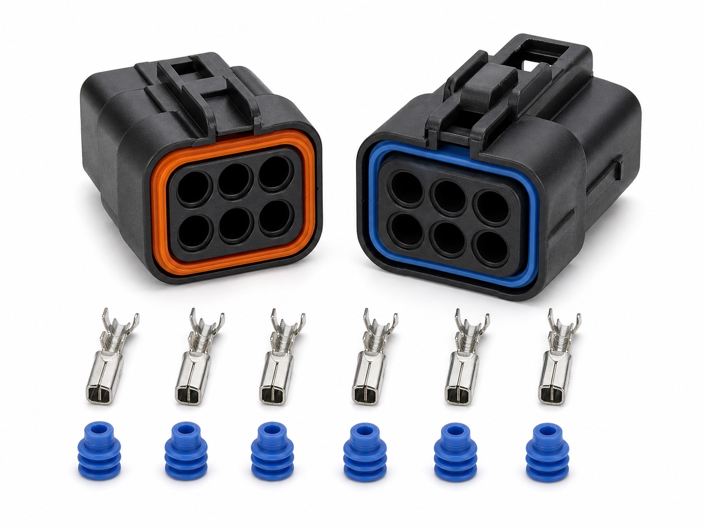 6 pin sealed automotive connector kit with sealed housings, crimp terminals and wire seals