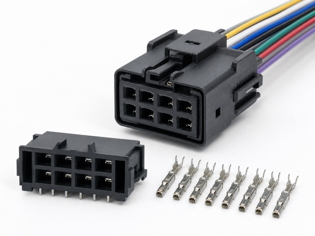 8 pin automotive ECU wire-to-board connector kit with 2x4 signal cavities, PCB header, terminals and thin signal wires