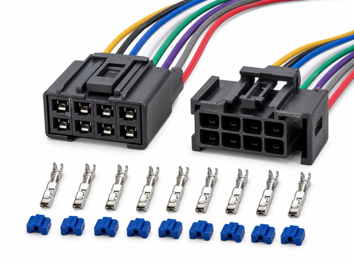 8 pin automotive seat harness connector kit with rectangular housings, multicolor pigtail wires, crimp terminals and blue locks