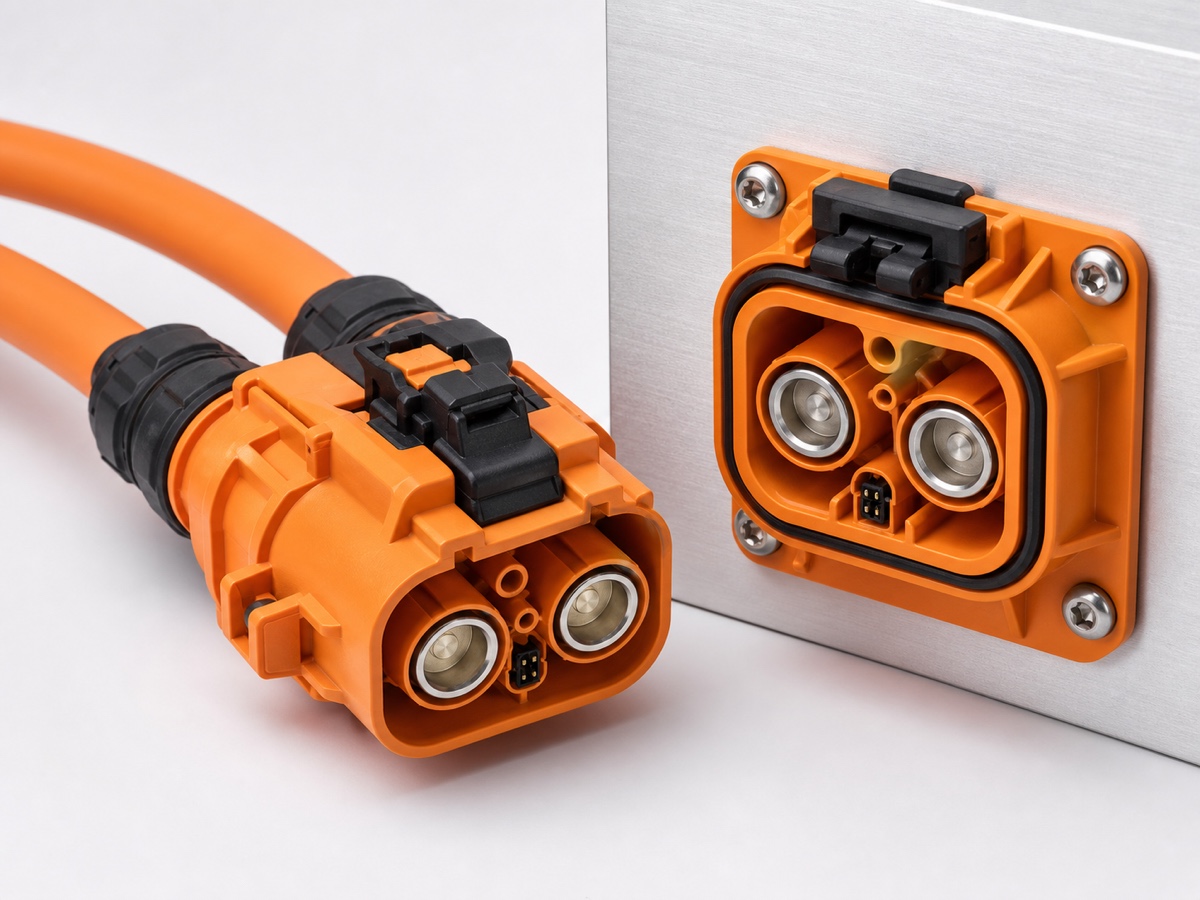 800V EV battery 2 pole high-voltage connector with orange shielded cables, black safety lock, flange-mounted PDU receptacle and large silver power contacts