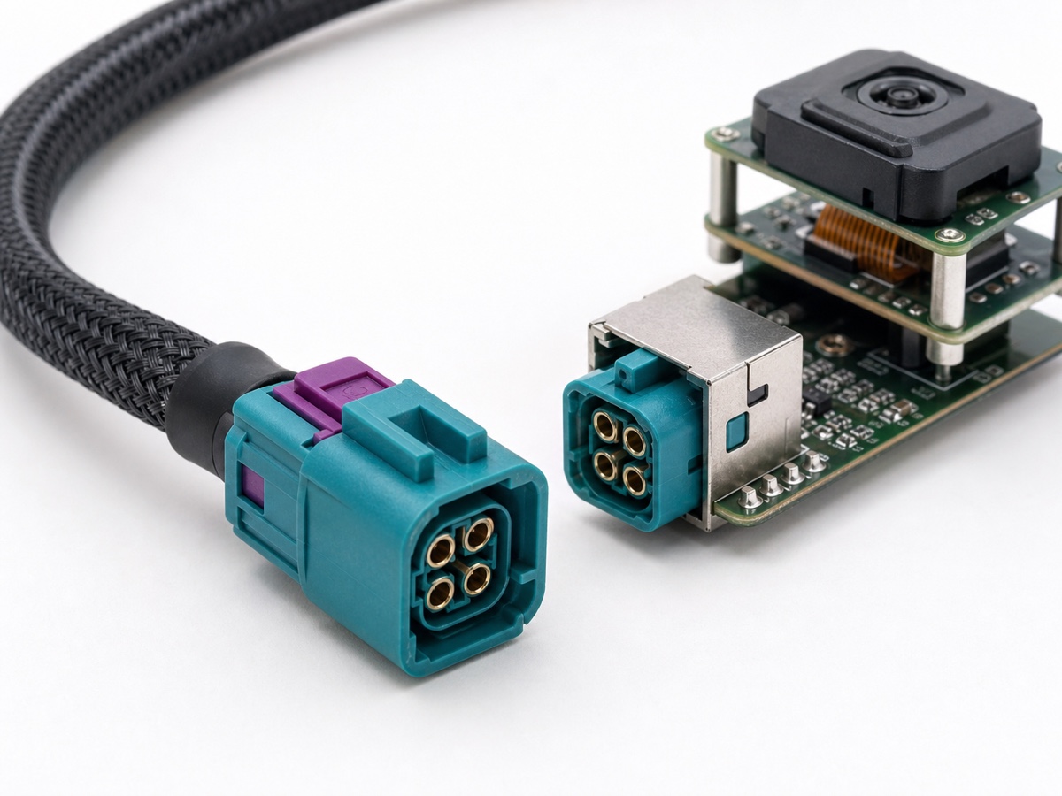 automotive camera HSD connector cable assembly with teal 4 pin shielded plug, purple CPA lock, black braided cable and camera module PCB jack