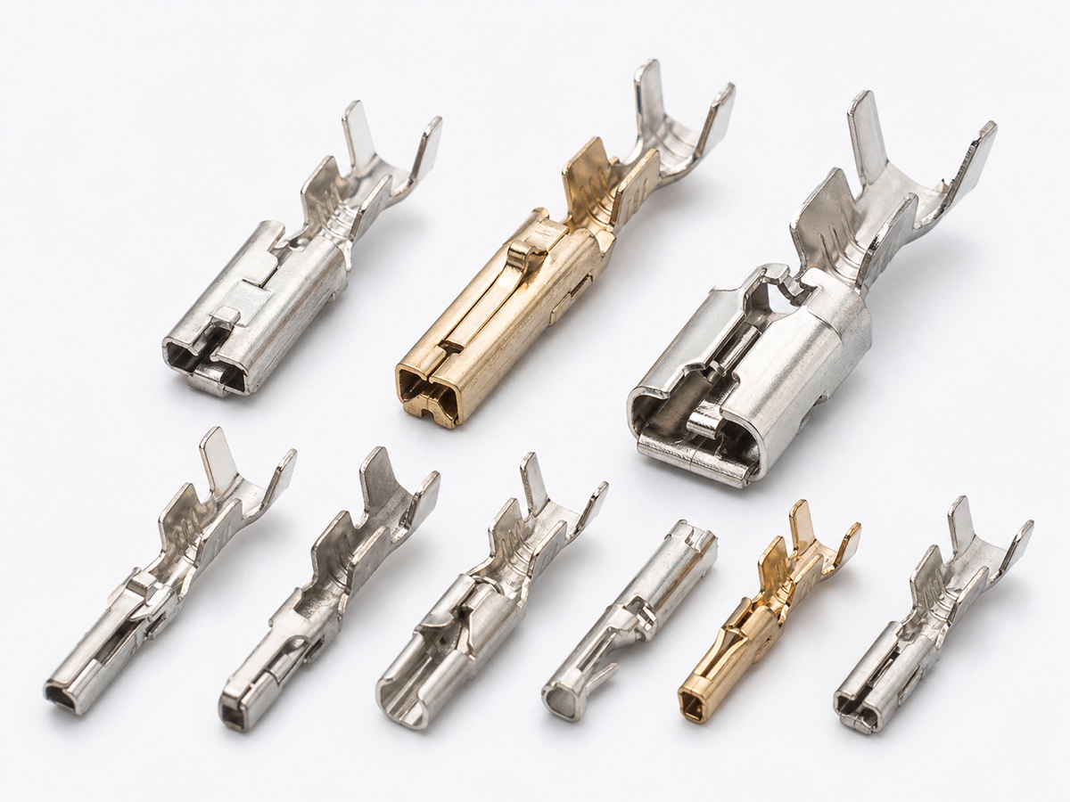 automotive crimp terminal assortment with tin plated female and male stamped terminals, crimp wings and contact barrels