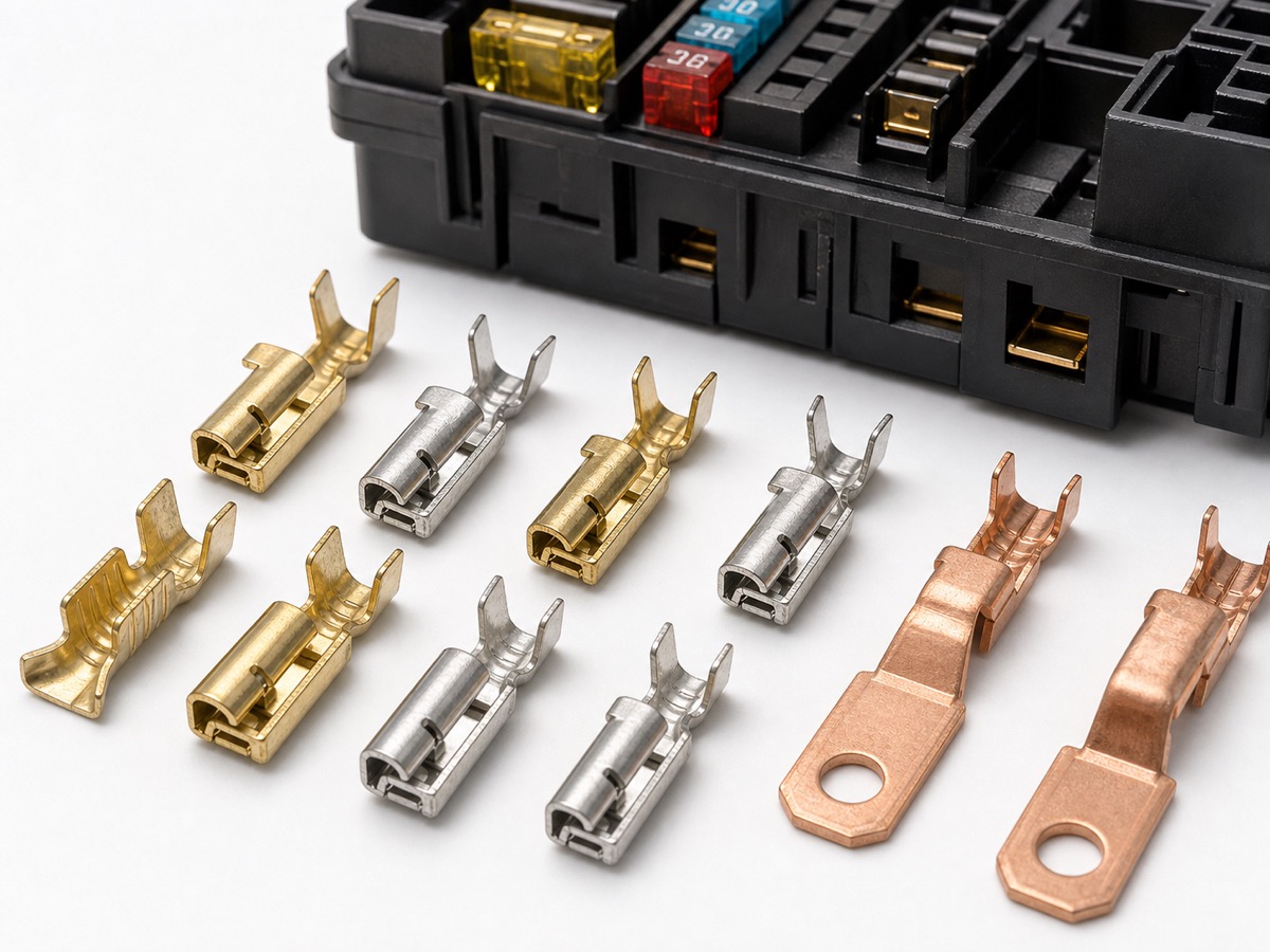 automotive fuse box power terminal kit with copper alloy female blade fuse terminals, tin and brass plating, crimp wings, retention tabs and fuse relay box cavities