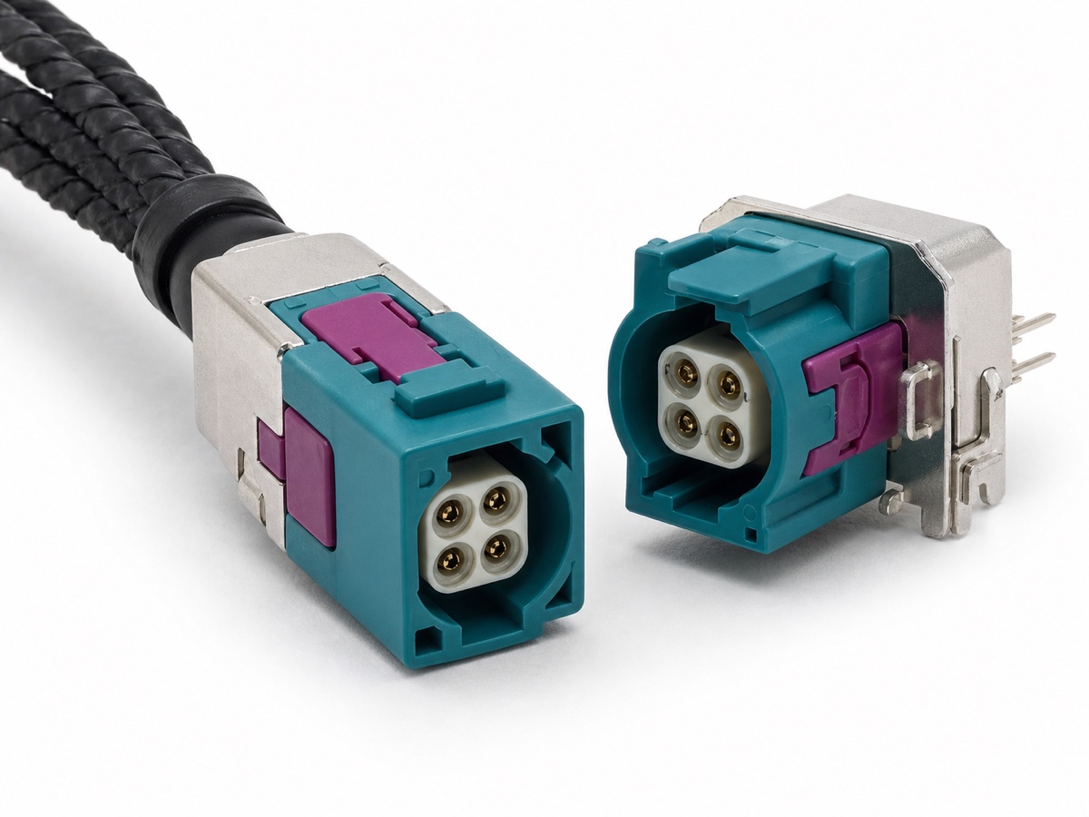 automotive HSD camera connector kit with teal 4 pin shielded data plug, PCB header, metal shielding and black camera cable