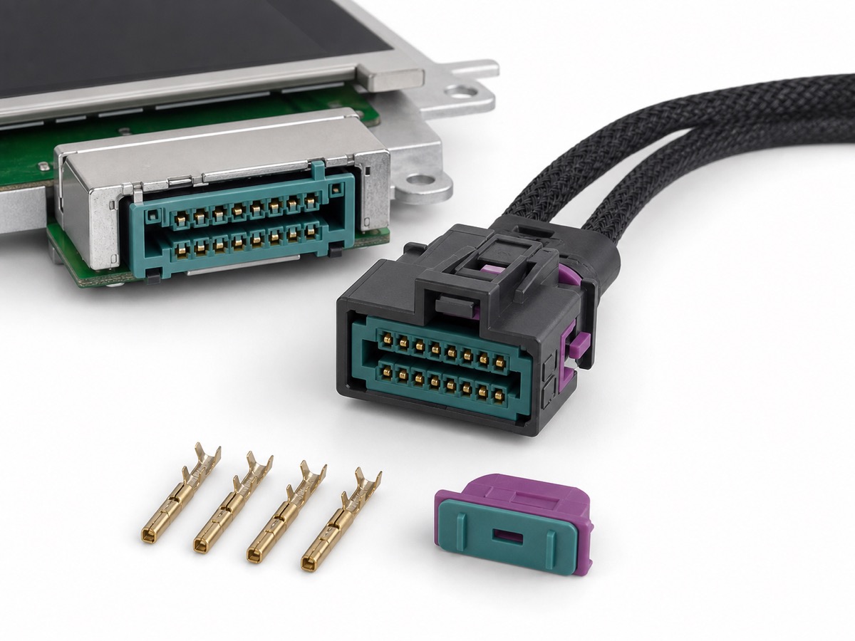 automotive infotainment LVDS connector kit with 20 pin shielded head unit plug, teal keyed insert, purple CPA lock, black braided cable, metal PCB receptacle and gold signal terminals
