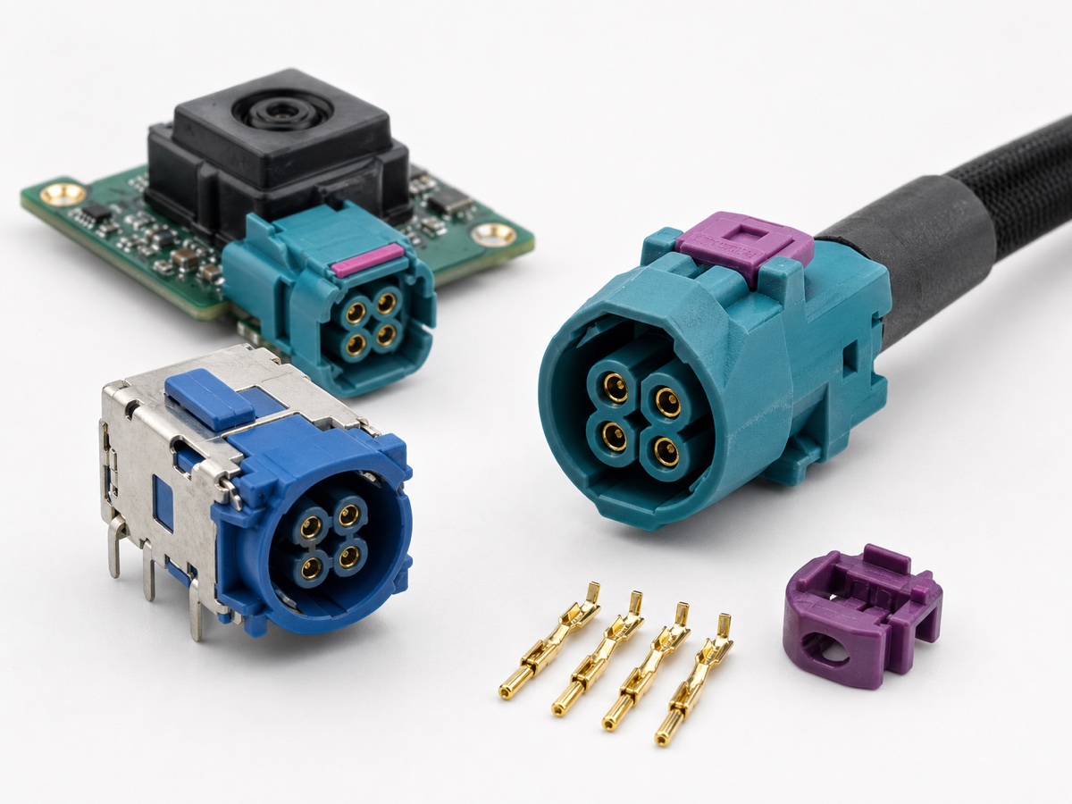 automotive LVDS camera connector kit with teal 4 pin HSD cable plug, blue shielded PCB jack, gold signal contacts, black shielded cable and purple CPA lock