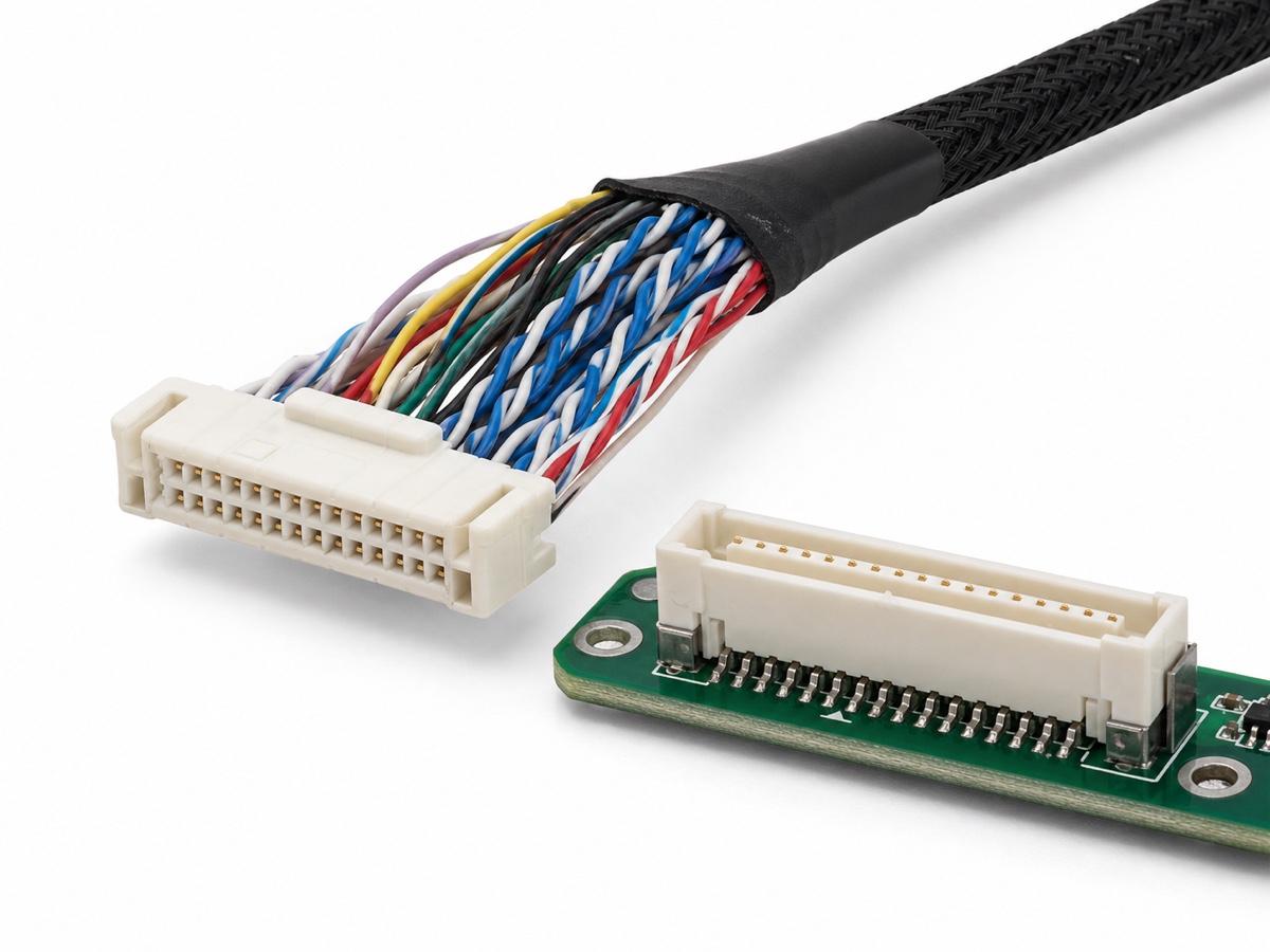 automotive LVDS display connector kit with 20 pin white signal plug, PCB header, fine differential wires and black protective sleeve