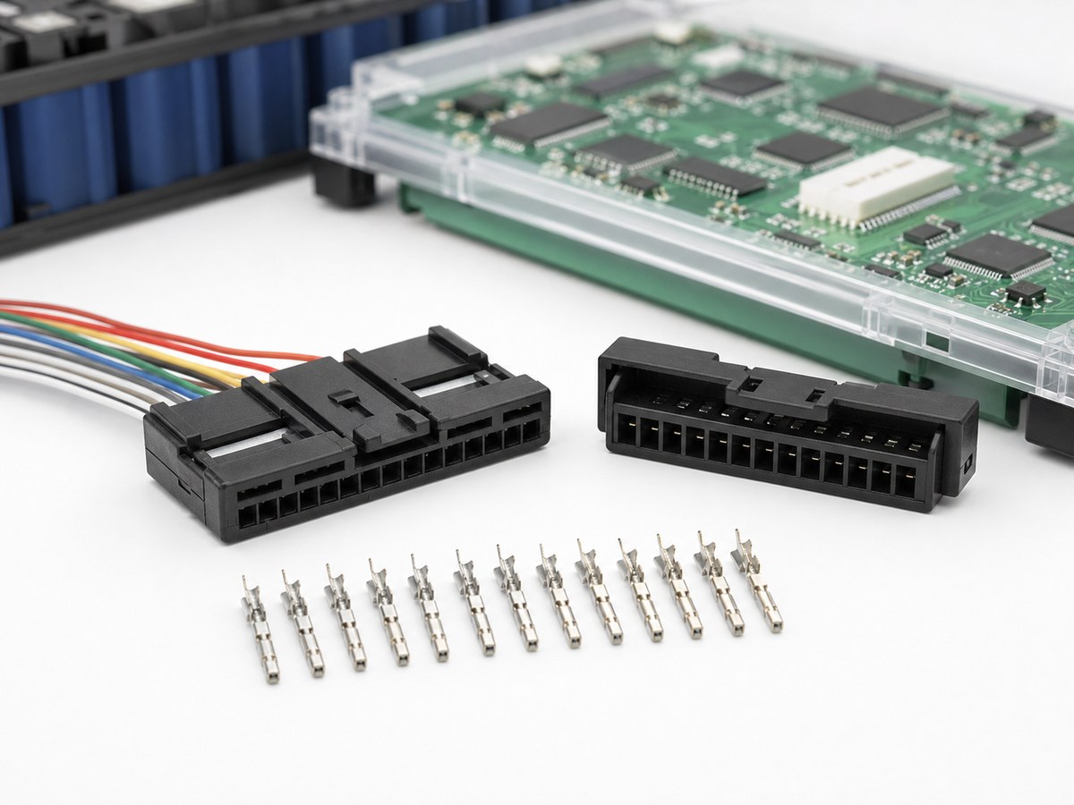 BMS signal connector kit with compact black 16 pin low-voltage housings, fine signal crimp terminals, thin multicolor wires, battery management PCB and EV battery module context