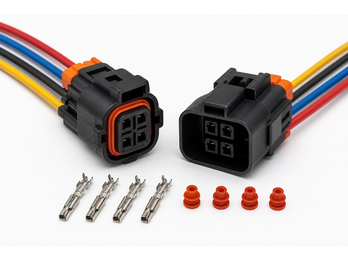 EV charging interlock 4 pin sealed signal connector kit with wire leads, terminals and orange wire seals