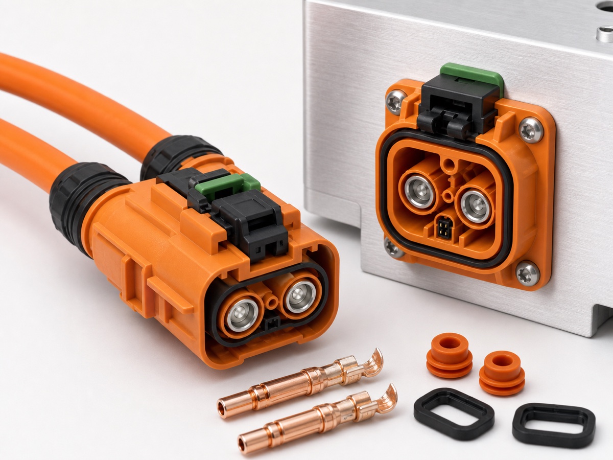 EV OBC high voltage connector kit with orange 2 pole HV plug, module mounted receptacle, HVIL lock, orange shielded cables and copper power terminals