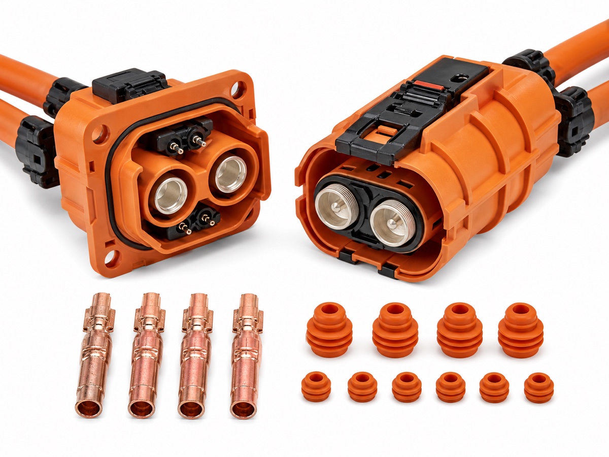 high voltage EV battery connector kit with orange two-pole housings, thick HV cables, copper terminals and cable seals