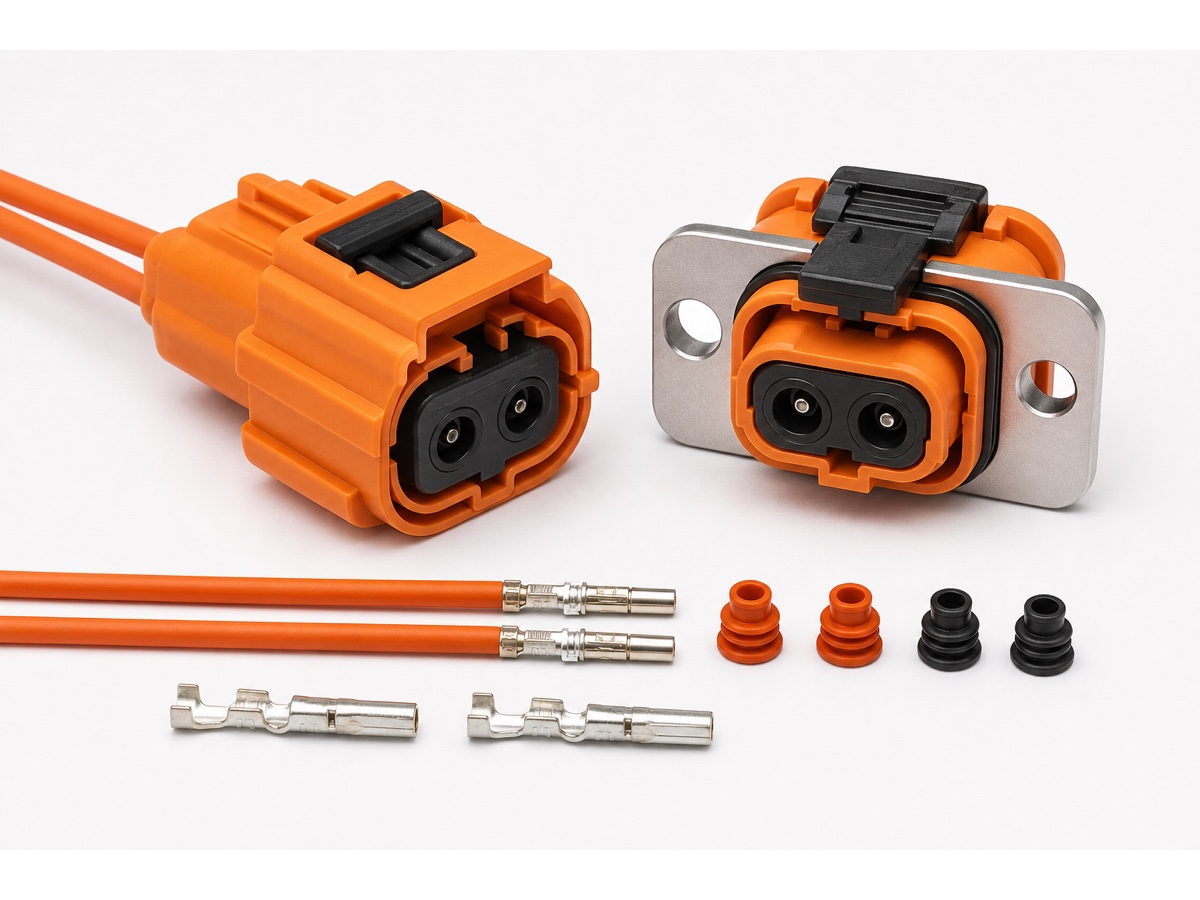 HVIL high voltage interlock 2 pin connector kit with orange plug, flange socket, terminals and seals