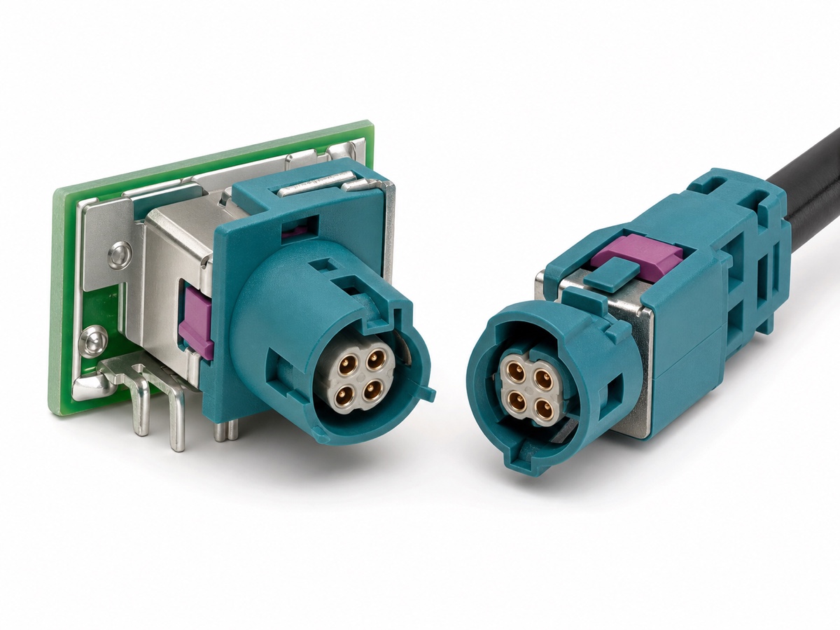 right angle automotive HSD connector kit with teal 4 pin shielded PCB mount connector, matching cable plug and metal shield housing