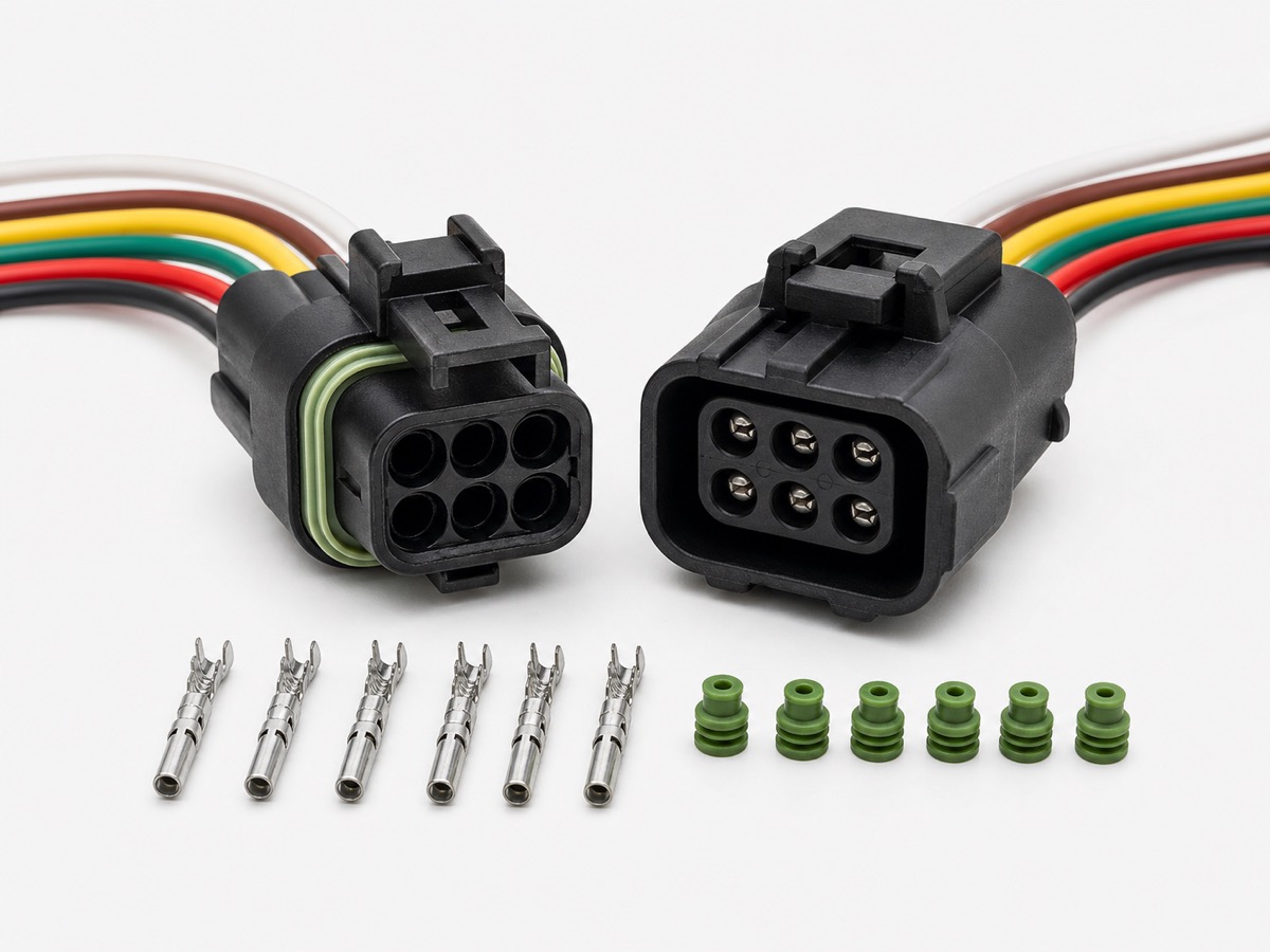trailer lighting waterproof connector kit with six pigtail leads, sealed housings, crimp terminals and wire seals